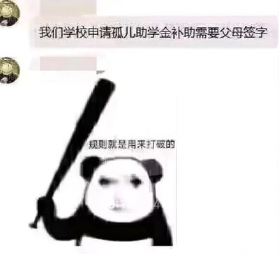 这是一张图文混排的静态单图，由上方的社交聊天记录截图和下方的P图改编熊猫头表情包组成。上方聊天记录中，用户提出一个充满矛盾的现实问题：“我们学校申请孤儿助学金补助需要父母签字”，孤儿的身份意味着没有父母，这个申请要求本身就存在逻辑错误，十分不合理。下方的熊猫头表情包是经典的暴走漫画风格改编图，熊猫头被P上了带有愤怒情绪的人脸，手持一根棒球棍，配文“规则就是用来打破的”，用戏谑、夸张的方式表达了对这种不合理规则的不满与反抗情绪，形成了强烈的讽刺效果，凸显了规则制定中的荒谬之处。