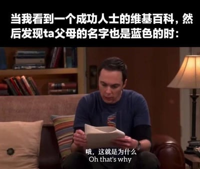 图片上方配有文字：'当我看到一个成功人士的维基百科，然后发现ta父母的名字也是蓝色的时：'，下方是《生活大爆炸》中谢尔顿·库珀坐在沙发上，手持纸张，露出恍然大悟表情的剧照截图。底部字幕为'哦，这就是为什么 Oh that's why'，幽默地表现了发现成功人士父母同样具有显赫背景（维基百科中蓝色名字通常代表该人物有独立条目，即本身也很知名）后的顿悟时刻。