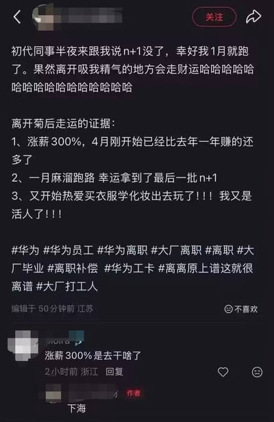这张截图是某社交平台的帖子及评论内容，发帖人为前华为员工，其在正文中提到自己1月从华为离职，幸运拿到了最后一批n+1离职补偿，离职后收入大涨300%，2024年4月的收入已经超过2023年全年收入，同时离职后也恢复了消费、娱乐的正常生活，感慨离开消耗自己的工作后财运变好，还附带了多个华为、大厂离职相关的话题标签。评论区有网友询问其涨薪300%的工作内容，作者仅回复“下海”二字，结合转发配文“我下海了，请大家多多捧场”玩了双关梗：“下海”既可以指从事新的非体制/大厂的工作，也有隐晦的从事特殊行业的含义，形成了戏谑的笑点。