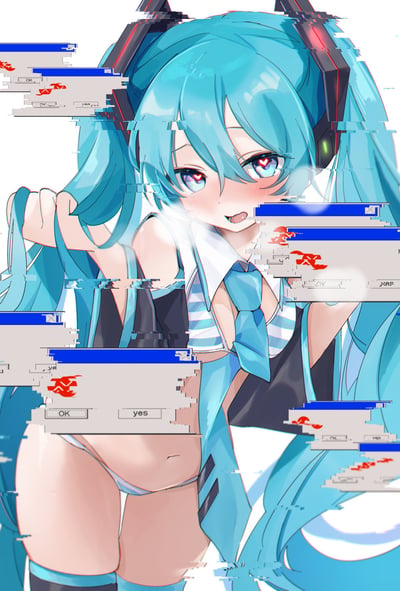 这是一张经过故障艺术（Glitch Art）处理的初音未来同人创作图，图中的初音未来有着标志性的蓝绿色双马尾，眼睛呈现爱心形状的高光，脸颊泛红，表情娇俏软萌，一只手抓着自己的马尾。画面中叠加了多个类似Windows老式系统报错弹窗的元素，弹窗带有红色错误标识和“OK”“yes”按钮，整体画面的错位、破碎的故障效果，营造出一种“系统被可爱彻底攻陷”的趣味氛围，图中没有双关、谐音梗或暗示内容。