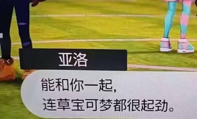 游戏画面截图，显示两个角色站在绿色草地上。左侧角色穿着深色裤子和橙色鞋子，右侧角色穿着蓝粉相间的紧身裤和粉色鞋子。画面中央有角色名称'亚洛'的标识，下方对白气泡显示：'能和你一起，连草宝可梦都很起劲。'
