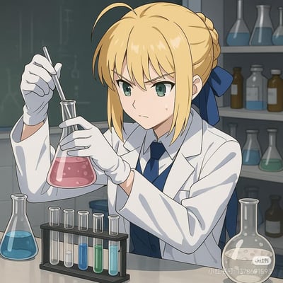 图中是TYPE-MOON旗下Fate系列的经典角色阿尔托莉雅（Saber），她身着白色实验服、戴着白色手套，正专注地用玻璃棒搅拌锥形瓶中的粉红色试剂，脸上露出紧张认真的神情，额角还挂着汗珠，仿佛在进行一场重要的实验。实验台和背景的架子上摆满了装有不同颜色试剂的试管、烧瓶，营造出严谨的实验室氛围。这是一张AI创作的二次创作图，将原本的骑士角色代入科研场景，充满了趣味反差感。