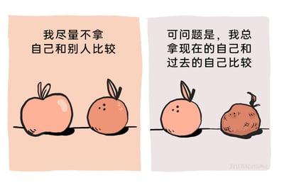 这是一幅左右分栏的连环卡通漫画，整体风格简约治愈，以拟人化的水果角色展现人们的心理状态。左栏背景为浅米色，画面中有一个饱满完整的粉色苹果，和一个带有兔耳朵、表情略显低落的橙色橙子，上方配文“我尽量不拿自己和别人比较”，表现出人们刻意避免与他人对比、减少外界焦虑的心态；右栏背景为浅灰色，画面里是之前的橙色橙子，旁边是一个皱巴巴、表皮干瘪的深色苹果，上方配文“可问题是，我总拿现在的自己和过去的自己比较”，精准描绘出很多人容易陷入的内耗情绪——即便不和他人比较，也会不自觉地将现在的自己与过去更优秀、更饱满的自己对比，从而产生低落和自我怀疑。