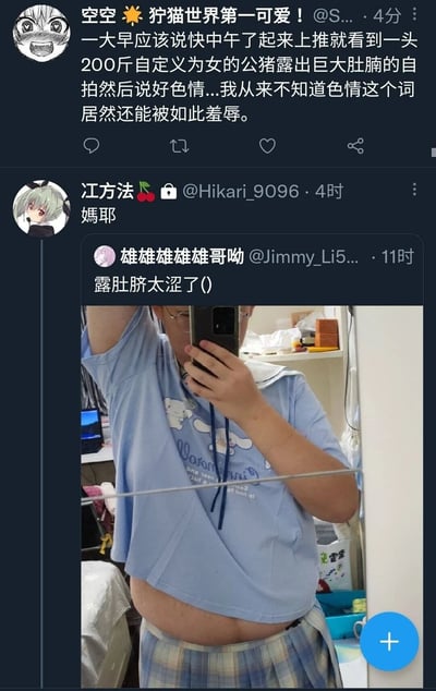 这是一张海外社交媒体平台Twitter/X（推测）的竖屏截图，展示了一组关联的用户互动内容：用户「雄雄雄雄雄哥呦」发布了自己穿着玉桂狗图案短款上衣、露出肚腩的对镜自拍，配文称「露肚脐太涩了()」；用户「江方法」以「媽耶」回应该动态；用户「空空」则转发该内容并发表尖锐吐槽，用带有攻击性的语言评价该自拍和发言，认为其是对「色情」一词的羞辱，整体呈现了网络环境中对这类自拍内容的争议性评价，其中「空空」的发言包含对他人的身材和性别认同的不尊重言论。