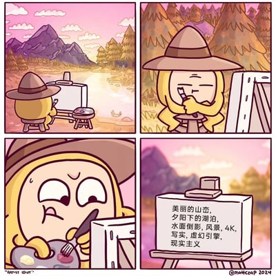这是一组四格卡通漫画，以幽默讽刺的方式展现当下的AI创作热潮：第一格中，戴着宽檐帽的卡通画家坐在户外画架前，面前是山峦、湖泊与夕阳交织的美丽自然风景；第二格中画家手持画笔，表情自信，准备开启创作；第三格画风一转，画家露出苦恼、纠结的表情，眉头紧皱，拿着画笔和调色盘显然陷入了创作瓶颈；第四格揭晓结局，画家并未在画布上绘制风景，而是写下了“美丽的山峦，夕阳下的湖泊，水面倒影，风景，4K，写实，虚幻引擎，现实主义”这些AI绘画常用的关键词，用这种方式“完成”了自己的创作，调侃了当下部分人放弃实际动手创作，转而依赖AI关键词生成内容的现象。