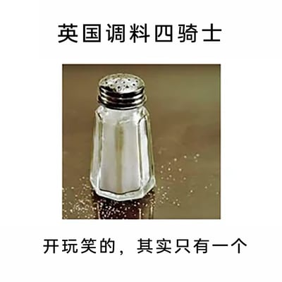 这是一张用来调侃英国饮食文化的搞笑梗图，图中上方配有文字“英国调料四骑士”，中间展示了一个装有白色食盐的多面玻璃调料瓶，瓶身周围的台面上散落着一些盐粒，下方文字补充说明“开玩笑的，其实只有一个”，通过“四骑士”的夸张说法和“仅有一种调料”的现实形成反差，幽默地吐槽英国料理在调味上的单一性，暗示盐是英国料理里几乎唯一的调料。