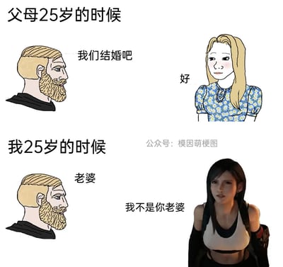 这是一张采用上下对比形式的搞笑梗图，上半部分呈现父母辈25岁时的婚恋状态：卡通男性向女性求婚，女性羞涩答应，体现出上一辈在该年龄阶段普遍进入婚恋关系的现实；下半部分则展现当代年轻人25岁时的状态：同样的卡通男性形象对着游戏《最终幻想7》里的角色蒂法喊“老婆”，却被蒂法直接否认。通过强烈的代际反差，幽默地调侃了当代部分年轻人到了适婚年龄，更沉浸于二次元世界，未拥有现实婚恋关系的现状，引发同龄人的共鸣。