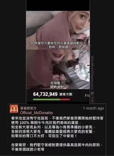 這張梗圖由上下兩部分組成，上半部分是一段視頻截圖，顯示兩人對話承諾不會將影片給任何人看，並發誓絕對保密，但下方顯示該影片已有64,732,949觀看次數，形成鮮明對比。下半部分是麥當勞官方賬號的帖子，巧妙利用這一對比，宣稱麥當勞始終堅持使用100%草飼牛肉，不像影片中的人無法遵守承諾，同時推薦了大麥克系列、小麥克、培根大麥克和中麥克等產品。