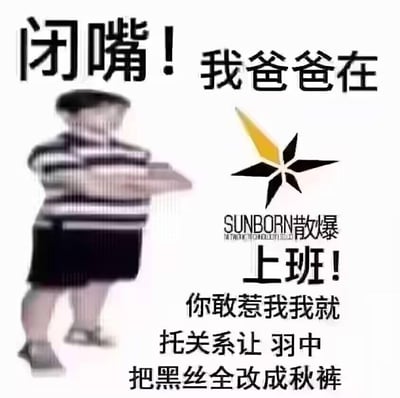 这是一张面向二次元游戏玩家的玩梗表情包，画面左侧是一个摆出叉腰拽酷姿势的模糊卡通化人物，右侧依次排列散爆网络的星形标志与多层玩梗文字。文字内容为：“闭嘴！我爸爸在 SUNBORN散爆 上班！你敢惹我我就 托关系让 羽中 把黑丝全改成秋裤”。图片借用“我爸是XX”的经典嚣张句式，结合散爆网络旗下《少女前线》等游戏的玩家对角色黑丝服饰设定的喜爱，用“将黑丝改成秋裤”这个精准戳中玩家喜好的“威胁”制造反差搞笑效果，整体语气嚣张又戏谑，属于玩家圈层内部的趣味玩梗内容。