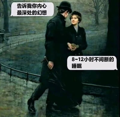 图片采用一幅古典油画作为背景，画中一男一女身着19世纪风格的深色大衣，站在有栏杆的公园小路上，环境带有浪漫忧郁的氛围。男性手持拐杖，身体前倾靠近女性，似乎在深情询问；女性则双手交握于胸前，平静注视对方。通过添加对白气泡形成幽默反差：男性问“告诉我你内心最深处的幻想”，女性回答“8-12小时不间断的睡眠”。用古典艺术的浪漫场景衬托现代人对充足睡眠的朴素渴望，产生强烈的喜剧效果和共鸣感。