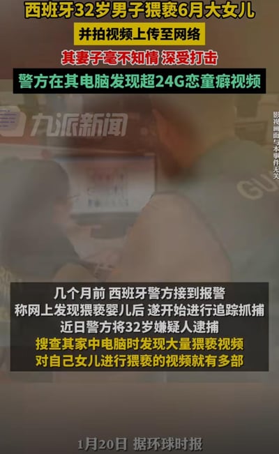 这是一则社会新闻截图，内容曝光西班牙一名32岁男子对自己6个月大的女儿实施猥亵行为，并拍摄视频上传至网络。其妻子对此毫不知情，在事件曝光后深受打击。警方在抓捕嫌疑人后，从其家中电脑中查获超过24G的恋童癖视频，其中包括多部其对亲生女儿实施猥亵的内容。新闻还提到警方是在几个月前接到网上发现猥亵婴儿的报警后开始追踪，近日成功将嫌疑人逮捕。