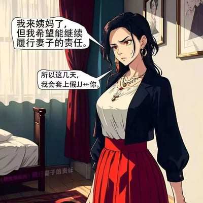 一张动漫风格的插画，描绘了一位穿着黑色外套、白色上衣和红色裙子的女性站在卧室中。她留着黑色长发，戴着耳环和项链，表情严肃地说着关于生理期仍要履行妻子责任的话语。房间内有床、窗帘和墙上的挂画，整体色调温暖。