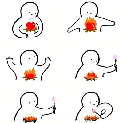 六格漫画展示了一个简笔画小人用爱心生火烤棉花糖的过程。从最初捧着一颗冒着热气的爱心，到爱心燃烧起来，最后成功烤好棉花糖享用的暖心场景。