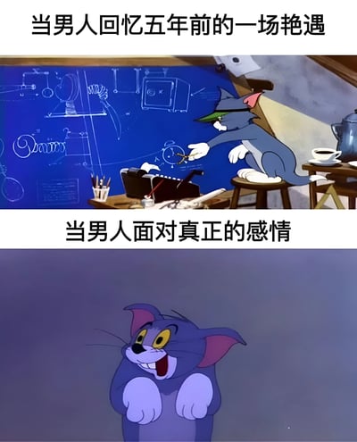 这是一张上下对比的梗图，上方画面为《猫和老鼠》中的汤姆猫戴着绿色帽子，站在布满蓝图的桌前，手持工具，神情专注且显得精明，配文“当男人回忆五年前的一场艳遇”；下方画面为杰瑞鼠双手举起，眼睛瞪大，嘴巴张开，表情惊讶又慌乱，配文“当男人面对真正的感情”。通过汤姆和杰瑞的反差表情与场景，幽默地对比了男性在回忆过去浪漫经历时的“精明”与面对现实感情时的“手足无措”。