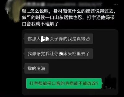 这是一张聊天记录截图，上方有一段评论文字："就...怎么说呢，身材颜值什么的都还说得过去，做的时候一口山东话我也忍，打字还他妈带口音我就不理解了"。下方是具体的聊天内容，包含几条对话消息，其中部分内容涉及低俗表述并有打码处理，最后一条绿色文字消息是"打字都能带口音的毛病能不能改改?"。