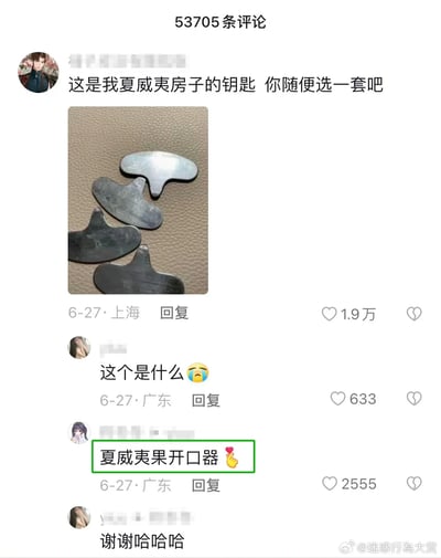 这是一张来自微博的社交媒体评论区截图，顶部评论用户发布了四个夏威夷果开口器的图片，玩谐音梗配文“这是我夏威夷房子的钥匙 你随便选一套吧”，将“夏威夷果”的“夏威夷”与“夏威夷房子”关联，用外形类似钥匙的夏威夷果开口器制造趣味玩笑。后续有其他用户评论询问物品是什么，另有用户回复“夏威夷果开口器”并配有手势爱心表情，最后提问的用户回复“谢谢哈哈哈”，整个评论互动充满轻松搞笑的氛围，利用物品外形和谐音制造了有趣的网络梗。