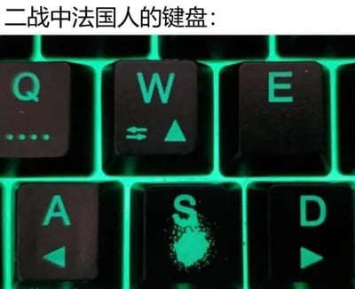 图片上方配有文字“二战中法国人的键盘：”，下方展示了一个带有绿色背光的机械键盘特写。其中W键被修改为带有左右箭头和向上三角形的符号，S键则被替换为一个白色旗帜（象征投降）的图案。该梗图通过修改键盘按键的视觉元素，幽默地调侃二战期间法国军队迅速投降的历史事件，属于典型的历史梗讽刺类内容。