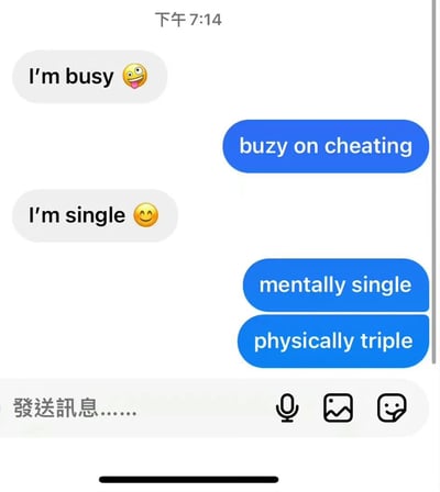 这是一张聊天记录截图，展示了一段充满反差幽默的对话。左侧灰色气泡消息显示“我很忙（I'm busy 😛）”和“我单身（I'm single 😊）”，右侧蓝色按钮式回复则犀利拆穿：“忙着出轨（busy on cheating）”、“精神上单身（mentally single）”、“身体上三人行（physically triple）”。底部可见“發送訊息……”的输入框及语音、图片、表情图标，整体通过对话内容的强烈对比制造讽刺效果，调侃情感关系中的虚伪现象。