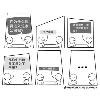这是一组由六格画面组成的黑白卡通连环漫画，聚焦职场面试场景。画面中，面试官向应聘者询问入职动机，应聘者没有使用常规的“热爱公司文化”“寻求发展”等套话，而是直白回答“为了赚钱”，面试官对此表现出惊讶与质疑。随后应聘者反问面试官公司招聘员工的目的，面试官坦诚回应“为了赚更多...”，最终两人陷入沉默。漫画用简洁直白的对话，戳破了职场招聘中双方心照不宣的利益本质，以讽刺的方式展现了职场的现实一面，容易引发职场人士的共鸣。