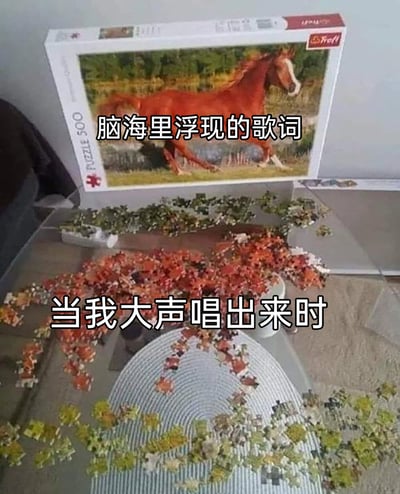 这是一张用来调侃唱歌跑调的搞笑梗图。图中上方展示了一盒印有奔跑红马的500片Trefl品牌拼图的包装盒，配文“脑海里浮现的歌词”，用来象征人们脑海中记得的歌词清晰、完整，如同成品拼图一样规整；下方则是被大致按颜色分类但杂乱散落的拼图碎片，配文“当我大声唱出来时”，以此类比很多人脑海中的歌词明明清晰准确，但实际开口演唱时却走调混乱、完全不成样子，用拼图从完整到混乱的状态反差，生动又幽默地展现了这种日常尴尬场景。