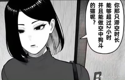 这是一张黑白漫画风格的单图，画面主体是一位留着齐肩黑发、身着深灰色高领上衣的女生，她表情冷漠平淡，侧头看向画面外。画面右侧的对白气泡中，女生说出了极具反差感的台词：“你那只滞空时长能够超过2小时并且能做空中狗斗的猫呢？”，用原本属于战斗机的专业军事术语（滞空时长、空中狗斗）来形容一只猫，将普通的猫赋予了远超常理的硬核战斗性能，形成强烈的荒诞反差感，制造出搞笑的脑洞效果。