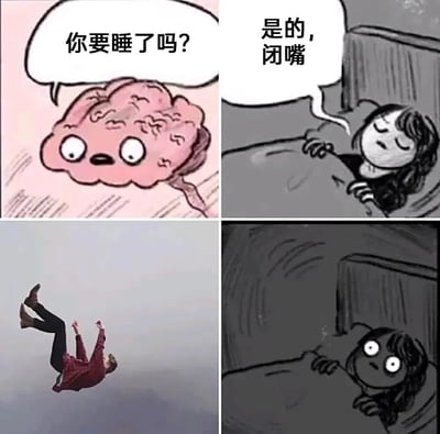 四格漫画展现睡前趣味场景：第一格粉色拟人化大脑睁大眼睛惊讶地问“你要睡了吗？”；第二格床上的人闭眼不耐烦回应“是的，闭嘴”；第三格人突然倒立坠落（象征睡意中断）；第四格人在床上惊恐睁眼完全清醒。通过夸张对比表现睡前大脑与身体的“对抗”，幽默还原失眠瞬间。