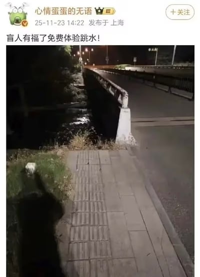 这是一张社交媒体平台的实拍吐槽内容，发布者在上海拍摄到一段设计严重不合理的盲道，该盲道的尽头直接紧邻河边，没有任何防护阻拦，发布者用反讽的语气配文“盲人有福了免费体验跳水！”，以此讽刺城市无障碍设施存在的严重设计漏洞，引发对城市公共设施合理性的讨论。