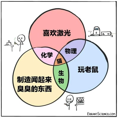 这是一张幽默风格的Venn图，通过三个彩色圆圈展示猫的行为与科学学科的趣味关联。顶部粉色圆圈标注“喜欢激光”，左下黄色圆圈标注“制造闻起来臭臭的东西”，右下蓝色圆圈标注“玩老鼠”。三个圆圈的两两重叠区域分别标注为“化学”（粉黄重叠）、“物理”（粉蓝重叠）、“生物”（黄蓝重叠），而三圆交汇的中心区域则标注为“猫”。图中还包含两个简笔画人物：左侧人物坐在桌前，手持杯子，旁边有冒着热气的容器；右侧人物手持网子，网内有一只老鼠。右下角有水印“ERRANTSCIENCE.COM”。