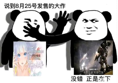 图片中包含两个熊猫头表情包角色，左侧角色单手捂嘴、另一手举起，表情惊讶；右侧角色表情自信得意，正面站立。角色下方拼接了两张游戏封面，左侧为动漫风格女性角色封面，右侧为《ARMORED CORE VI FIRES OF RUBICON》机甲游戏封面。图片顶部文字为“说到8月25号发售的大作”，底部右侧文字为“没错 正是在下”，整体通过熊猫头表情包与游戏封面的结合，以幽默调侃的方式暗示右侧机甲游戏是8月25日发售的“大作”。