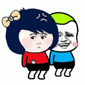 图中是两个卡通风格的人物形象。左侧女孩有着蓝色齐耳短发，头顶戴着黄色蝴蝶结，身穿红色上衣和黑色短裤，面部表情担忧，额头有汗珠。右侧男孩为绿色短发，白色面部，咧嘴露出夸张的坏笑表情，身穿蓝色上衣和黑色短裤，两人并肩站立，形成表情对比鲜明的组合。