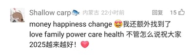 这是一张来自国内社交平台的用户评论截图，评论用户昵称为Shallow carp，昵称后缀带有鱼形表情，头像是一个面带红晕、头顶有爱心的卡通人物，IP地址显示为内蒙古，评论发布于22小时前，获得了15个点赞。评论内容中，用户先是列出了money（金钱）、happiness（幸福）、change（改变）三个英文单词，搭配花痴流泪的表情，随后表示还额外找到了love（爱）、family（家庭）、power（力量）、care（关怀）、health（健康）这些代表着各类美好事物的英文单词，最后向大家送上祝福，希望所有人2025年越来越好，并搭配了爱心表情，整体内容传递出用户对新一年的美好期许与真挚祝福。