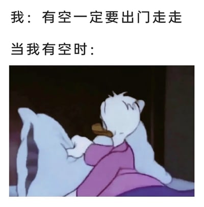 这是一张极具共鸣感的图文梗图，上方通过两段文字形成鲜明反差：第一段文字“我：有空一定要出门走走”，展现了人们在忙碌间隙对出门放松的向往与立下的flag；第二段文字“当我有空时：”搭配迪士尼经典动画角色唐老鸭裹着被子瘫靠在床上、慵懒不想动弹的画面，精准还原了大多数人实际拥有空闲时间时，只想宅着躺平、不愿出门的真实状态，用幽默的反差感调侃了当代人“思想上的巨人，行动上的矮子”的宅属性日常，能引发众多网友的共鸣。
