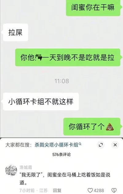 这张图分为上下两部分，上半部分是绿白气泡的微信风格聊天记录：绿色气泡的用户先询问闺蜜在做什么，白色气泡的闺蜜回复正在拉屎，绿色气泡用户吐槽闺蜜一天到晚不是吃就是拉，闺蜜玩游戏梗回应“小循环卡组不就这样”，绿色气泡用户随即吐槽对方循环的是屎，还搭配了一个便便表情，聊天中间显示时间为11:08，聊天框下方的搜索提示显示大家都在搜“杀戮尖塔小循环卡组”；下半部分是网友的热评，用户洛城霜评论调侃“‘我无限了’，闺蜜坐在马桶上吃着饭如是说道”，该评论获4288赞。整张图的笑点是将游戏《杀戮尖塔》中可以无限循环的“小循环卡组”概念，和人体吃、拉的生理循环做了趣味结合，反差感十足十分搞笑。