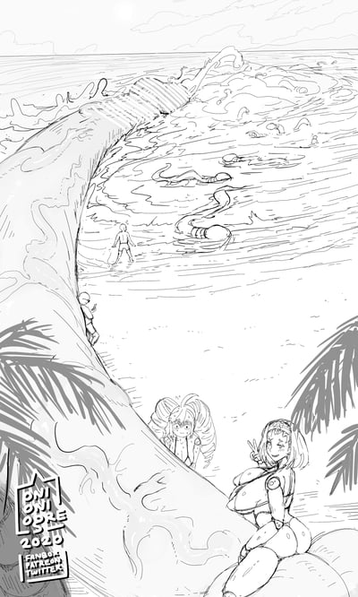 一幅黑白线稿插画，描绘了海滩上一个巨大的波浪正冲向岸边的场景。画面中有几个人物：一个站在海滩上观察巨浪，一个在海水中，一个长发女性角色从波浪后出现，还有一个短发女性角色坐在前景的岩石上比出和平手势。背景是广阔的海洋和天空，前景有棕榈树的叶子。整个场景营造出一种戏剧性的氛围，巨浪的动感与人物的静态形成对比。