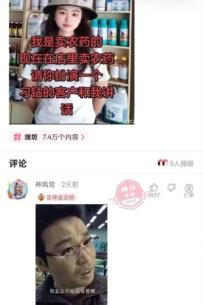 这是一张社交平台内容截图，上半部分是一名身处农药店的年轻女子，身后货架摆满各类农药产品，配文邀请网友扮演刁钻客户和自己对话，内容带有潍坊位置标签，显示该话题有7.4万个相关内容。下半部分是获赞1837的高赞神评论，用户“神鸡营”发布了一张戴眼镜男子的表情图，配文“你怎么不给我吸管呢”，用“买农药要吸管暗示是买来饮用”的离谱提问回应博主的互动邀请，以荒诞的反差感形成搞笑效果，该评论还有5人标记“插眼”关注后续。