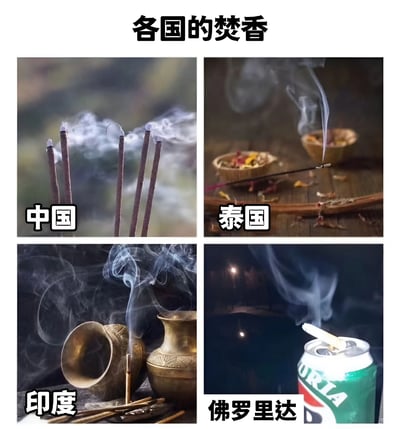 图片为2x2网格的多图拼接，主题为“各国的焚香”，通过四幅子图对比不同地区的焚香场景。左上角标注“中国”，展示多根线香直立燃烧，烟雾缭绕；右上角标注“泰国”，呈现单根香插在木质桌面上，旁边有盛放花瓣的小篮；左下角标注“印度”，画面中有铜制容器和燃烧的香，烟雾弥漫；右下角标注“佛罗里达”，则以幽默方式展示一罐绿色易拉罐（疑似饮料罐）上插着一根点燃的香烟，形成对佛罗里达“奇特”文化的调侃。