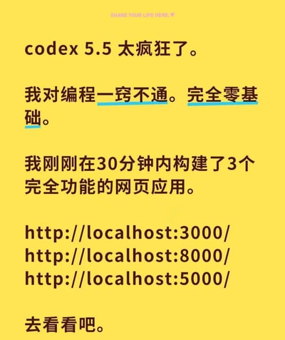 这是一张亮黄色背景的纯文字配图，文字为深棕色，其中「一窍不通」「完全零基础」「础。」的下方标注有蓝色下划线；内容为分享者夸赞AI编程工具Codex 5.5功能十分强大，表示自身完全没有编程基础，却借助该工具在30分钟内就完成了3个具备完整功能的网页应用的搭建，还列出了三个本地服务的访问地址，最后邀请他人查看自己的成果。