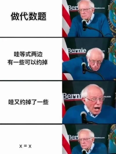 四格连环图，展示伯尼·桑德斯做代数题的反应过程。从开始做题，到发现可以约掉项的惊喜，再到约掉更多项的兴奋，最后得出X=X结果时的失望表情，幽默地表现了解数学题时的常见经历。