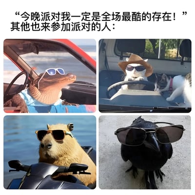 这张图片是一个四宫格的搞笑动物表情包，上方配有文字“今晚派对我一定是全场最酷的存在！其他也来参加派对的人：”。四个格子分别展示了四种戴着墨镜的动物，摆出各种酷帅的姿势：左上角是一只鳄鱼戴着白色墨镜坐在红色汽车驾驶座上；右上角是一只戴着棕色帽子和墨镜的猫在开车，旁边还有一只小猫探出头；左下角是一只水豚戴着金色墨镜骑在摩托艇上；右下角是一只乌鸦戴着黑色墨镜站在地面上。整体通过动物拟人化的“酷”形象，形成幽默的反差效果。