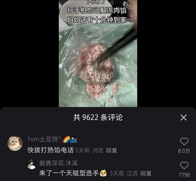 这是一张竖屏的抖音短视频截图，视频画面中展示了一团还冻着的硬肉馅，配文表示发布者因为玩手机忘记解冻肉馅，而妈妈还有十分钟就要到家，情况紧急。下方评论区有9622条评论，其中第一条高赞评论“快拨打热馅电话”使用了谐音梗，将“热线”谐音为“热馅”，调侃发布者的紧急状况，获得了8.0万点赞；第二条评论“来了一个天赋型选手”则是对这条神评论的调侃，整体内容充满生活化的搞笑氛围，用巧妙的谐音梗制造出轻松有趣的笑点。