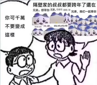 图片为一张拼接的卡通梗图，左侧有一个卡通男孩形象，表情惊讶并挥手，旁边配有文字“你可千万不要变成这样”。右侧上方有多个猫形角色表情包，每个表情包都配有低俗、猥琐的文字，如“兄弟，想草你”“兄弟，我鸡鸡痒”等。图片整体内容包含大量低俗、不雅的文字表述，传播不良信息。