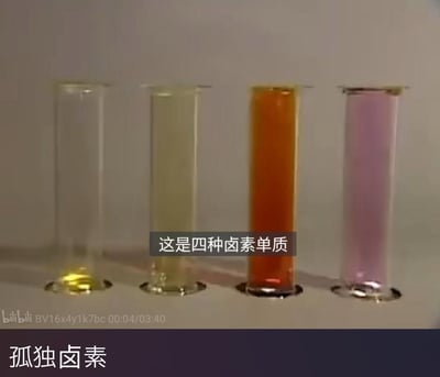 这是一张玩化学元素谐音梗的趣味图片，展示了四个装有卤素单质的玻璃容器：第一个容器底部仅有少量黄色的氟单质，孤零零地待在容器底部，对应图下方的“孤独卤素”文字，玩了“氟”与“孤”的谐音梗；第二个容器内是淡黄绿色的氯单质，第三个是橙红色的溴单质，第四个是紫粉色的碘单质。图中还配有文字“这是四种卤素单质”，通过特殊的呈现方式，把氟单质单独放置，制造出“孤独”的视觉效果，结合谐音梗让化学知识变得生动有趣，适合化学爱好者交流分享。
