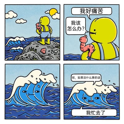 这是一幅四格冷幽默卡通漫画：第一格，穿着背带裤的黄色小人站在海边的礁石上，怀里抱着一只粉色小虫子，背景是晴朗的蓝天、白云与太阳，海面翻涌着波浪；第二格，粉色小虫子露出苦恼的神态，向黄色小人倾诉：“我好痛苦”“我该怎么办？”；第三格，海面上涌起一个带有拟人化脸部的大浪，似乎留意到了礁石上的角色；第四格，这个大浪却一脸平淡地敷衍道：“呃，如果没什么事的话”“我忙去了”，随即退去，完全无视了小虫子的烦恼，用反差感制造出冷幽默的效果，调侃了生活中部分烦恼不被他人在意的无奈场景。