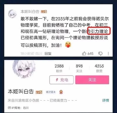 这张图是上下拼接的两张B站界面截图，上方为B站用户“本姬叫白告”发布的公开发言，他称自己牺牲了中考，从初三到高一始终钻研理论物理，新的引力理论已经初具雏形，还得到了理论物理教授认可可以投稿顶刊，打赌自己会在2035年之前获得诺贝尔物理学奖，其中“引力理论”四个字被红色方框特意标注；下方是该用户的B站个人主页简介，标注自己是川渝地区的小伪娘，还写有“已经雌堕力”的内容。网友将发言里提到的“新引力理论”和简介里的“雌堕力”做谐音关联玩梗，形成强烈反差笑点。