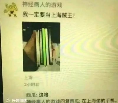 这是一张来自兴趣部落的社交媒体截图，整体为图文混排形式。顶部显示发布者昵称“神经病人的游戏”以及文字“我一定要当上海贼王！”，中间是一张一只手握着几本书的照片，照片下方标注了地点“上海”和发布时间“2小时前”。下方是用户互动内容：用户“西瓜”询问“这啥”，发布者“神经病人的游戏”回复“在上海偷的手机”。该内容利用断句制造谐音梗，将原本《海贼王》的经典台词“我一定要当上海贼王”故意断句为“我一定要当上海/贼王”，结合发布地点“上海”，玩出“在上海当贼偷手机”的搞笑效果，属于利用动漫台词创作的趣味段子。