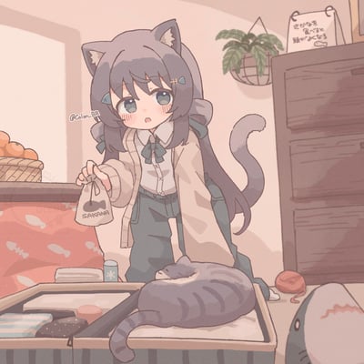插画中描绘了一位有着灰色长发和猫耳猫尾的少女，她穿着白色衬衫和浅色开衫，正惊讶地看着趴在桌上熟睡的灰色虎斑猫。少女手中拿着一个印有"SAKANA"(日语"鱼"的意思)字样的小袋子，似乎正要给猫咪喂食。房间布置温馨，有挂在墙上的植物、日历、装满橘子的篮子等物品，整体色调柔和温暖，营造出舒适的居家氛围。