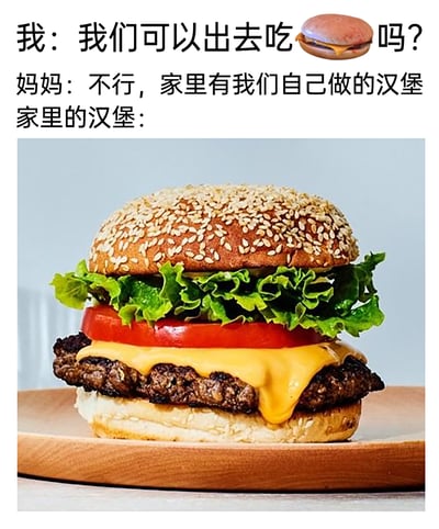 这是一张充满反差感的图文混排梗图，上方通过三段文字构建场景：“我”向妈妈提出外出吃汉堡的请求，妈妈以家里有自制汉堡为由拒绝，随后展示的“家里的汉堡”是一款用料极其丰富的豪华汉堡——表面布满芝麻的烤面包胚，夹着翠绿新鲜的生菜、色泽鲜亮的厚切番茄片，还有一块覆盖着融化流心芝士的厚实煎制牛肉饼，整体外观比连锁快餐店的汉堡更具食欲。这张图通过“预期中普通的家制汉堡”与“现实里的顶配豪华汉堡”的反差，制造出趣味效果，调侃家庭自制美食往往能带来意外惊喜，也引发人们对家的味道的共鸣。