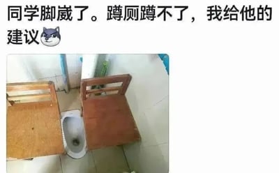 图片上方配有文字“同学脚崴了。蹲厕蹲不了，我给他的建议🐺”，下方是一张俯拍照片：两个木质椅子分别放在蹲厕的两侧，形成简易的支撑结构，幽默地解决脚崴后无法下蹲如厕的难题。整体风格轻松搞笑，展现了日常生活中的机智小妙招。