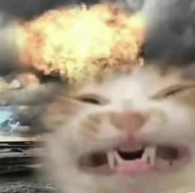 图片主体是一只表情暴躁的猫咪特写，它嘴巴大张露出尖牙，眼睛眯成一条缝，似乎在怒吼。猫咪后方是巨大的爆炸场景，黄色和橙色的蘑菇云正在升腾，背景中隐约可见城市建筑轮廓。整体画面通过将可爱动物与灾难场景并置，形成强烈的视觉反差和幽默效果。