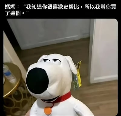 图片展示了一个外观酷似史努比但表情略显诡异的白色玩偶狗，配有红色项圈和橙色狗牌。上方文字显示妈妈说：'我知道你很喜欢史努比，所以我帮你买了这个。' 这是一个幽默梗图，通过展示一个不太像史努比的仿制品来制造笑点，体现了父母可能买到山寨商品的有趣场景。